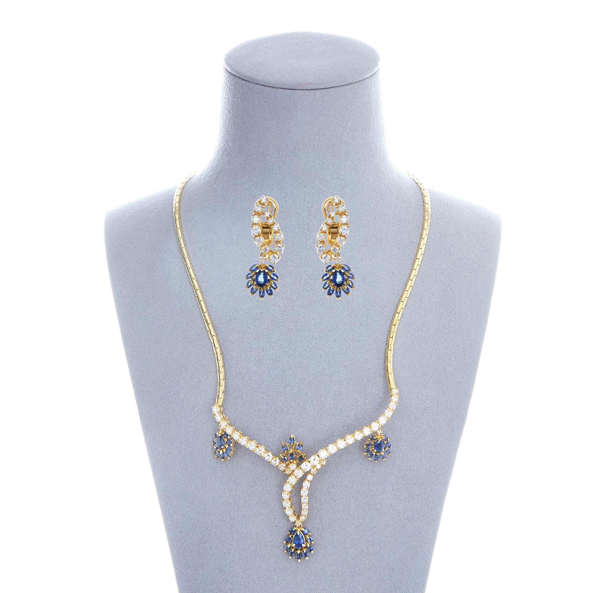 Pre-Owned Diamond Sapphire Cluster Necklace & Earrings Set