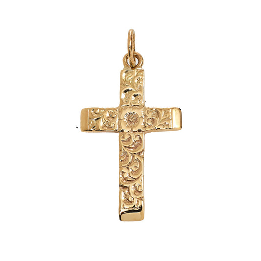 Pre-Owned 9ct Gold Flower Design Cross Pendant