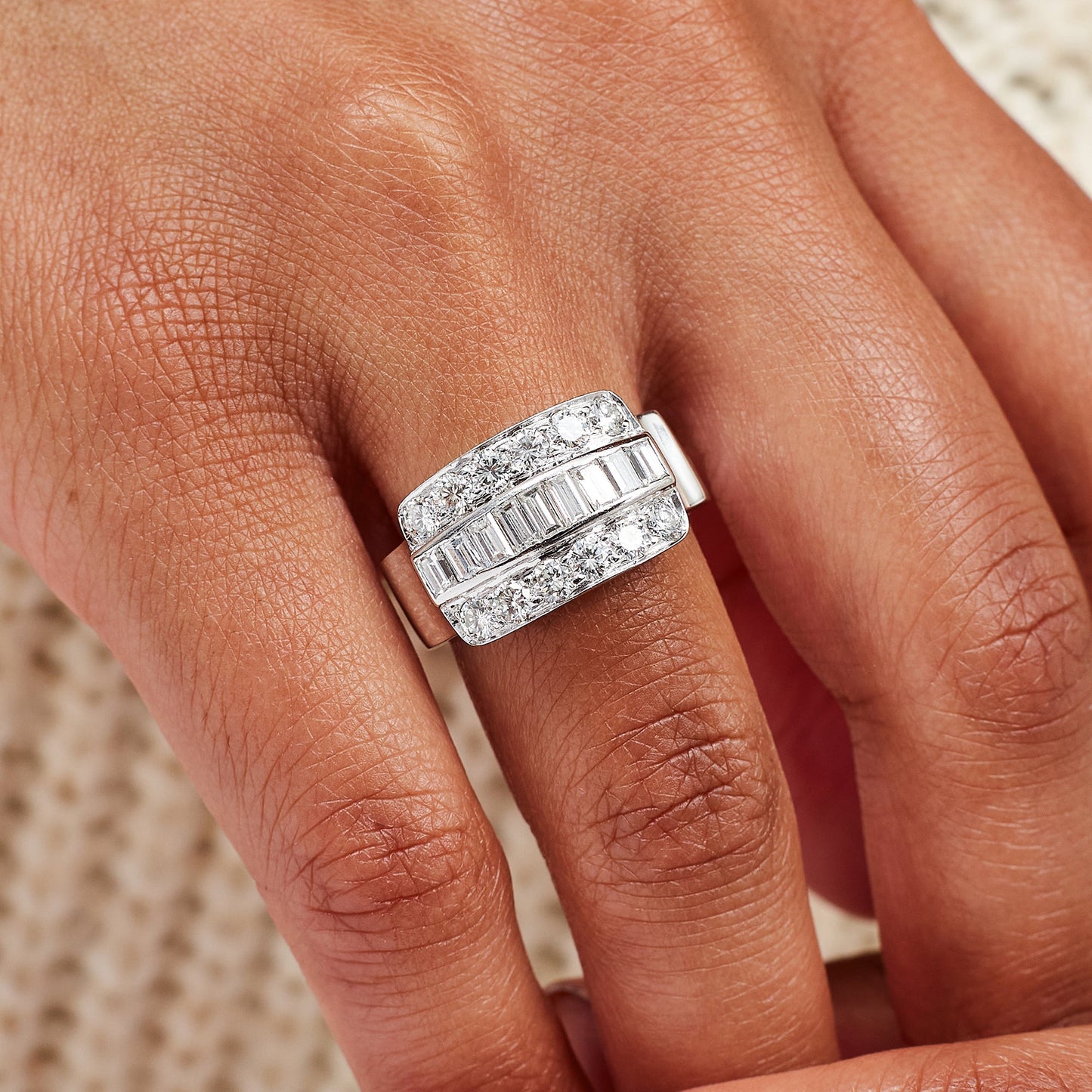 Pre-Owned 18ct Gold 3 Row Baguette & Brilliant Diamond Ring