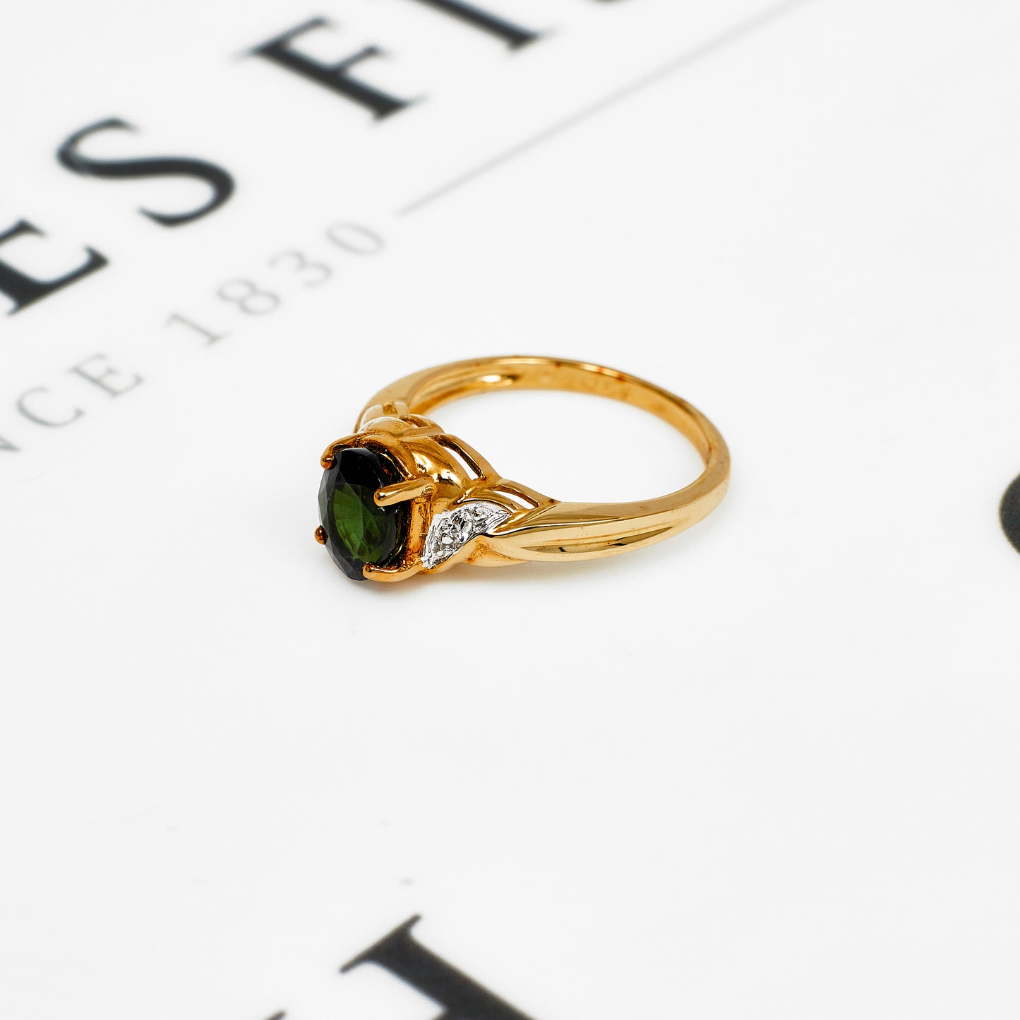 Pre-Owned 9ct Gold Green Tourmaline & White Zircon Ring