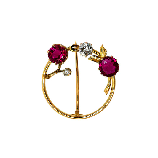 Pre-Owned 9ct Gold Ruby & Diamond Openwork Circle Brooch