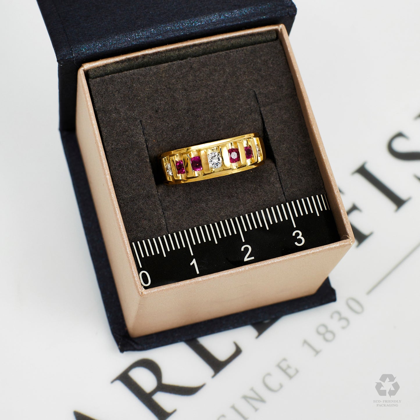 Pre-Owned 18ct Gold 4 Ruby & 3 Diamond Band Ring