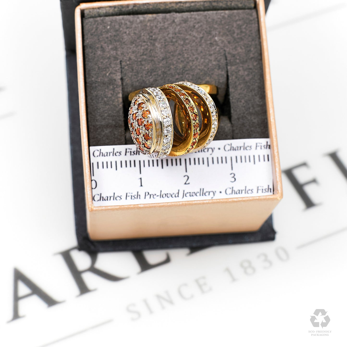 Pre-Owned 14ct Gold White & Orange CZ Circle Design Ring