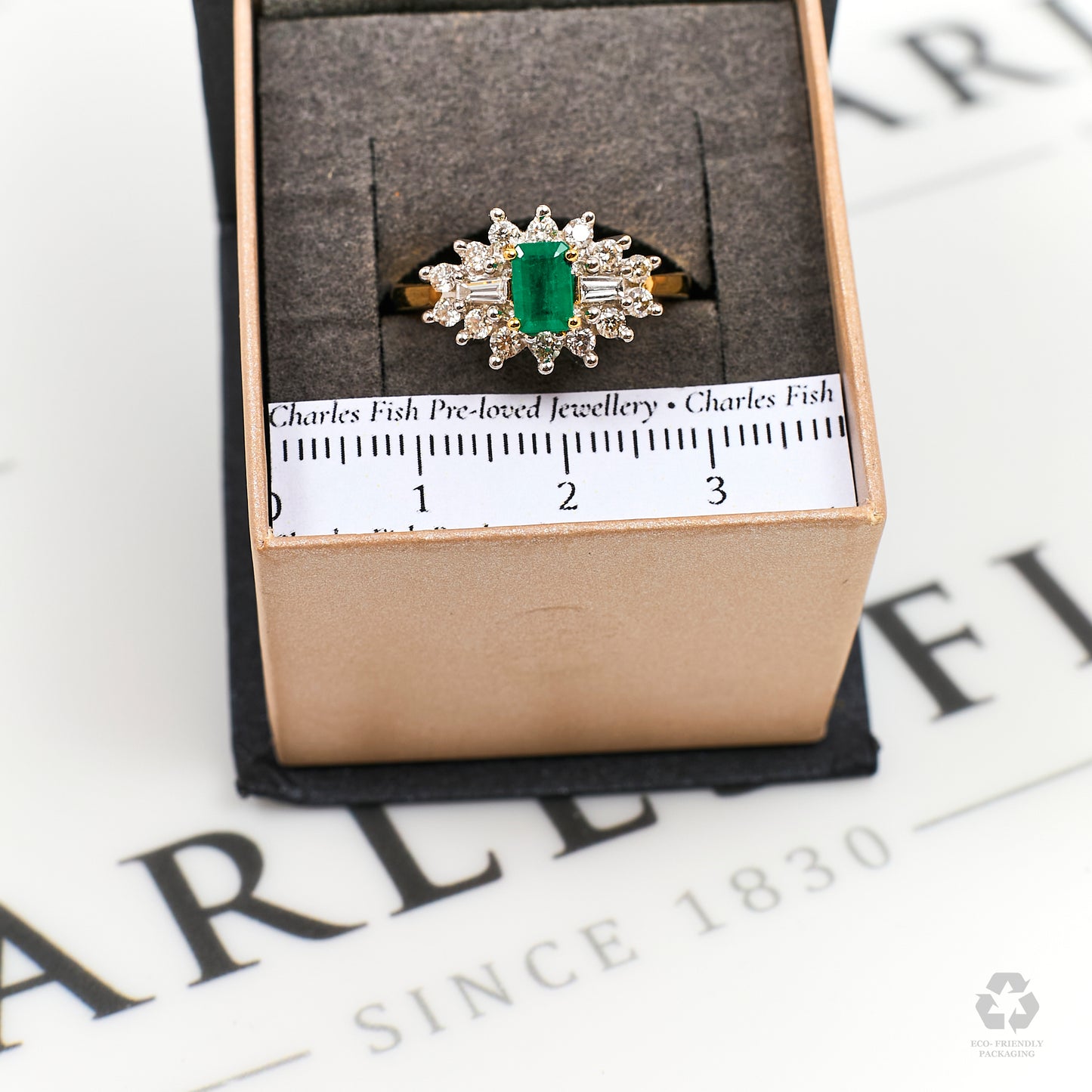 Pre-Owned 18ct Gold Rectangle Emerald & Diamond Cluster Ring