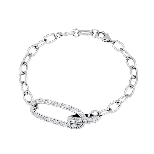 Achara Oblong Chain Style Link Zirconia Bracelet - Silver