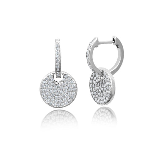 Achara Zirconia Disc Drop Huggie Hoop Earrings - Silver 