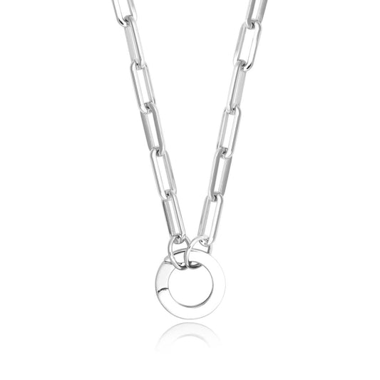 Achara Paperclip Chain Round Clasp Necklace 21Inch - Silver