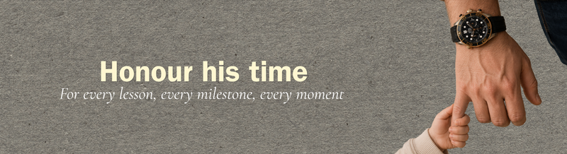 A father's hand holding a kid hand wearing an omega watch. text on the background : Honours his time : For every lesson, milestone,  moment. 