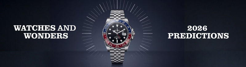 “Watches and Wonders 2026 Predictions” blog banner featuring a Rolex GMT-Master II watch.