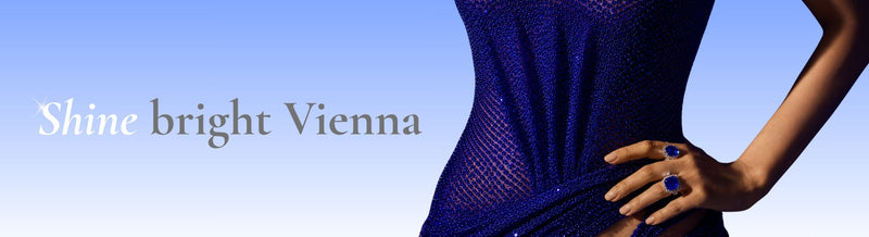 Blog banner picture of a close-up of a woman wearing a swaroski dress with the text ''shine bright vienna'' 