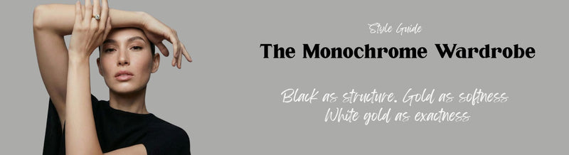 The Monochrome Wardrobe banner featuring a woman in black with a sleek, minimal jewellery styling theme.