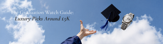 Blue sky with clouds on the background and one hand throwing a degree hat and a watch in the air with the text : Graduation watch guide, luxury picks around 5k  