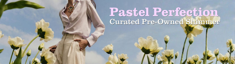 “Pastel Perfection” banner featuring a woman in a soft pastel outfit among white flowers.