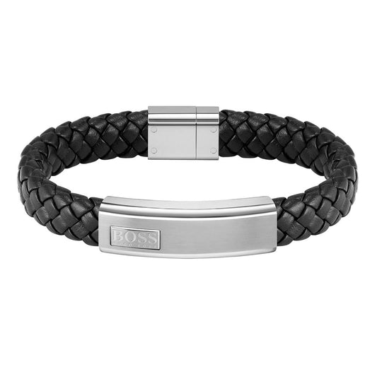 BOSS Men Black Leather Bracelet Steel Plate 1580178