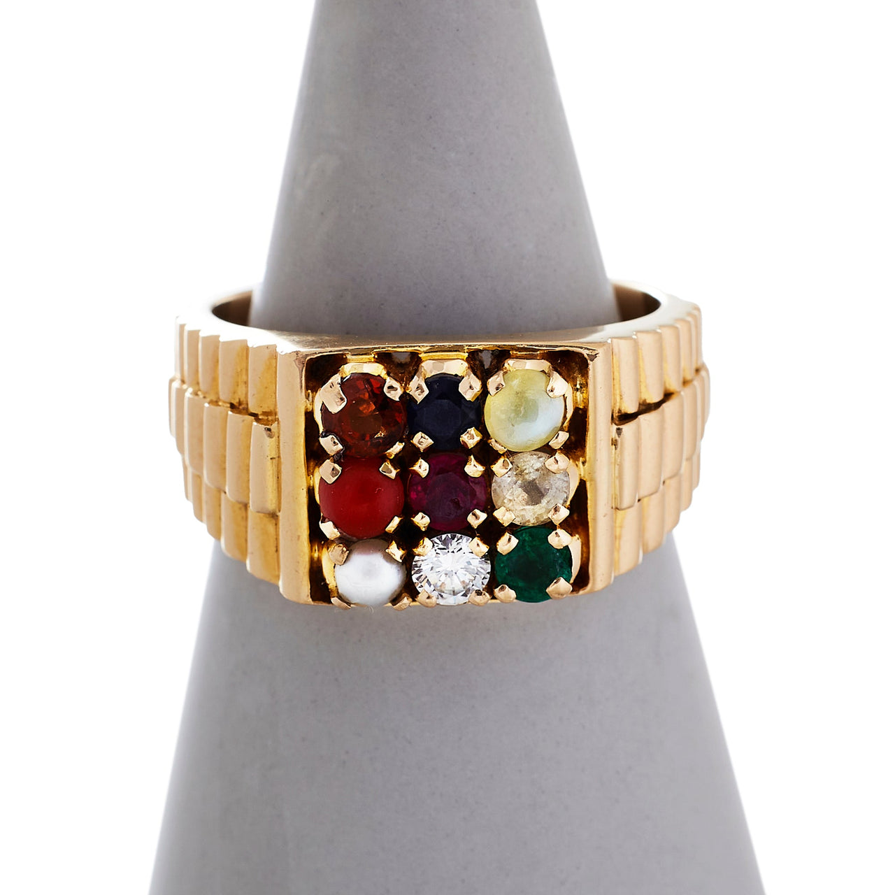 Pre-Owned 14ct Gold Colorful Gemstones Square Signet Ring