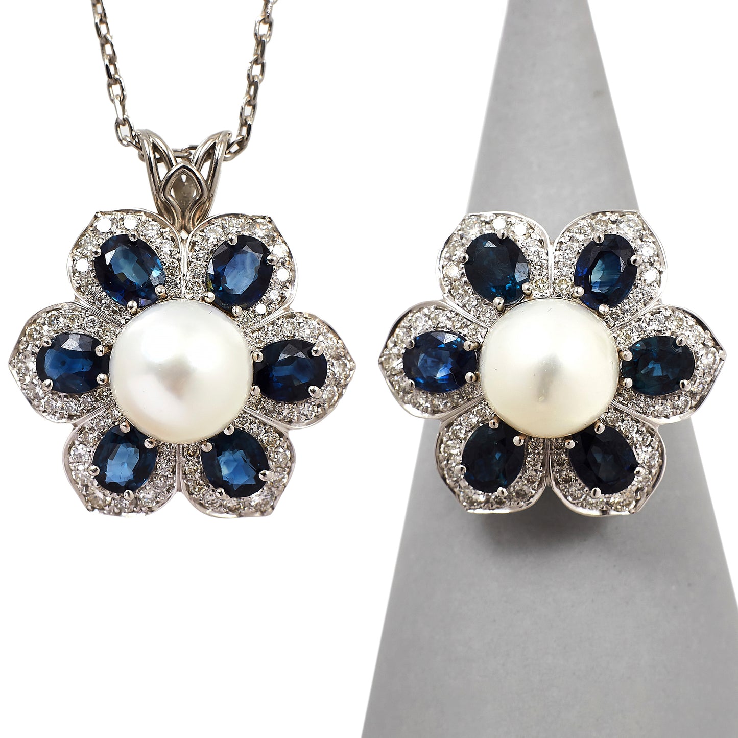 Pre-Owned 14ct White Gold Sapphire Diamond & Pearl Floral Set