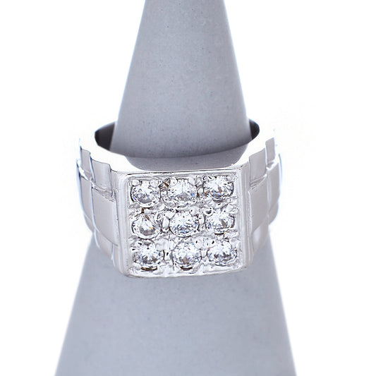 Pre-Owned Gents 9ct White Gold Square Watch Link CZ Ring