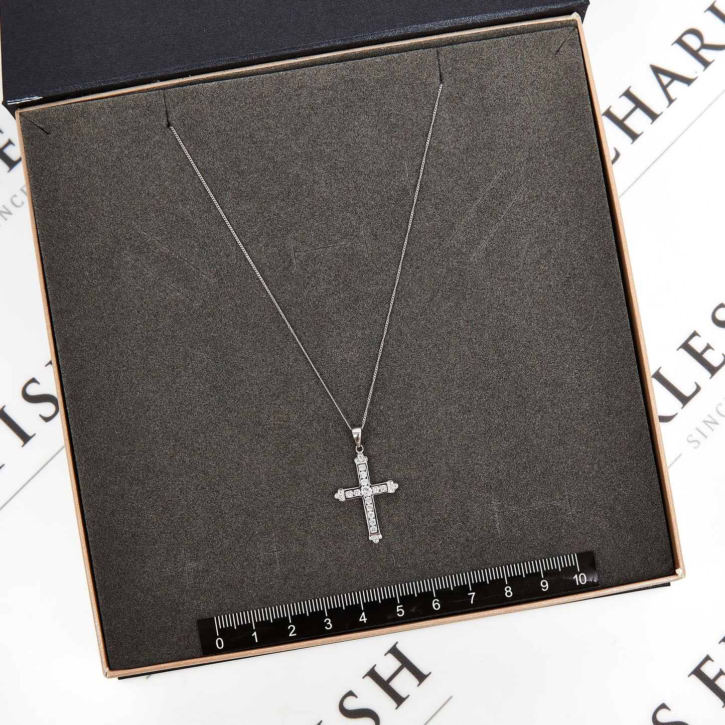 Pre-Owned 9ct White Gold Zirconia Set Cross Necklace