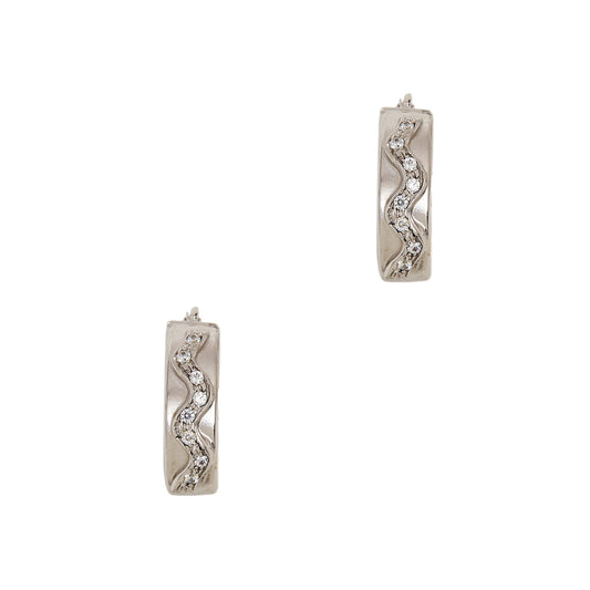 Pre-Owned 9ct White Gold CZ Set Wavy Huggie Earrings