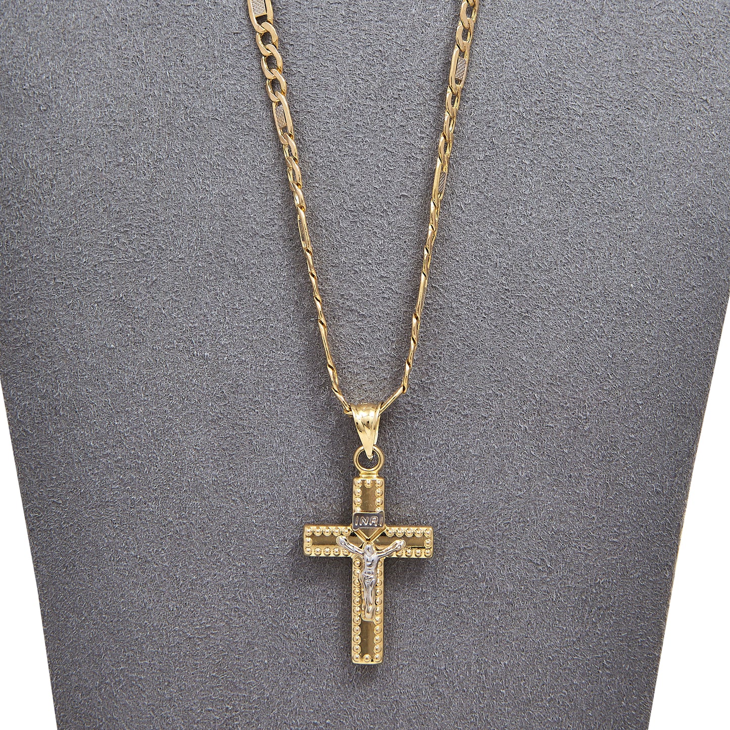 Pre-Owned 14ct Gold Two Tone Figaro Crucifix Necklace