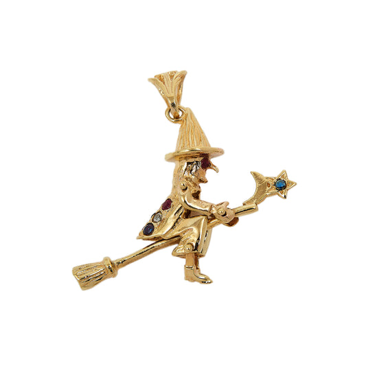 Pre-Owned 9ct Yellow Gold CZ Witch On Broom Pendant Charm
