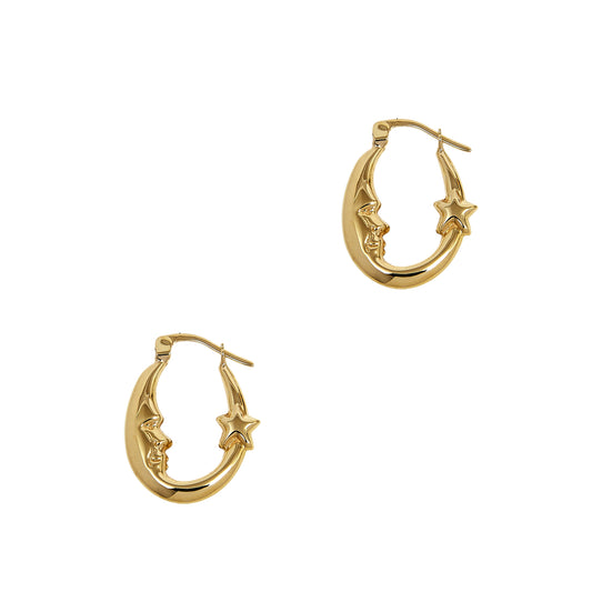 Pre-Owned 9ct Gold Crescent Moon & Star Creole Earrings