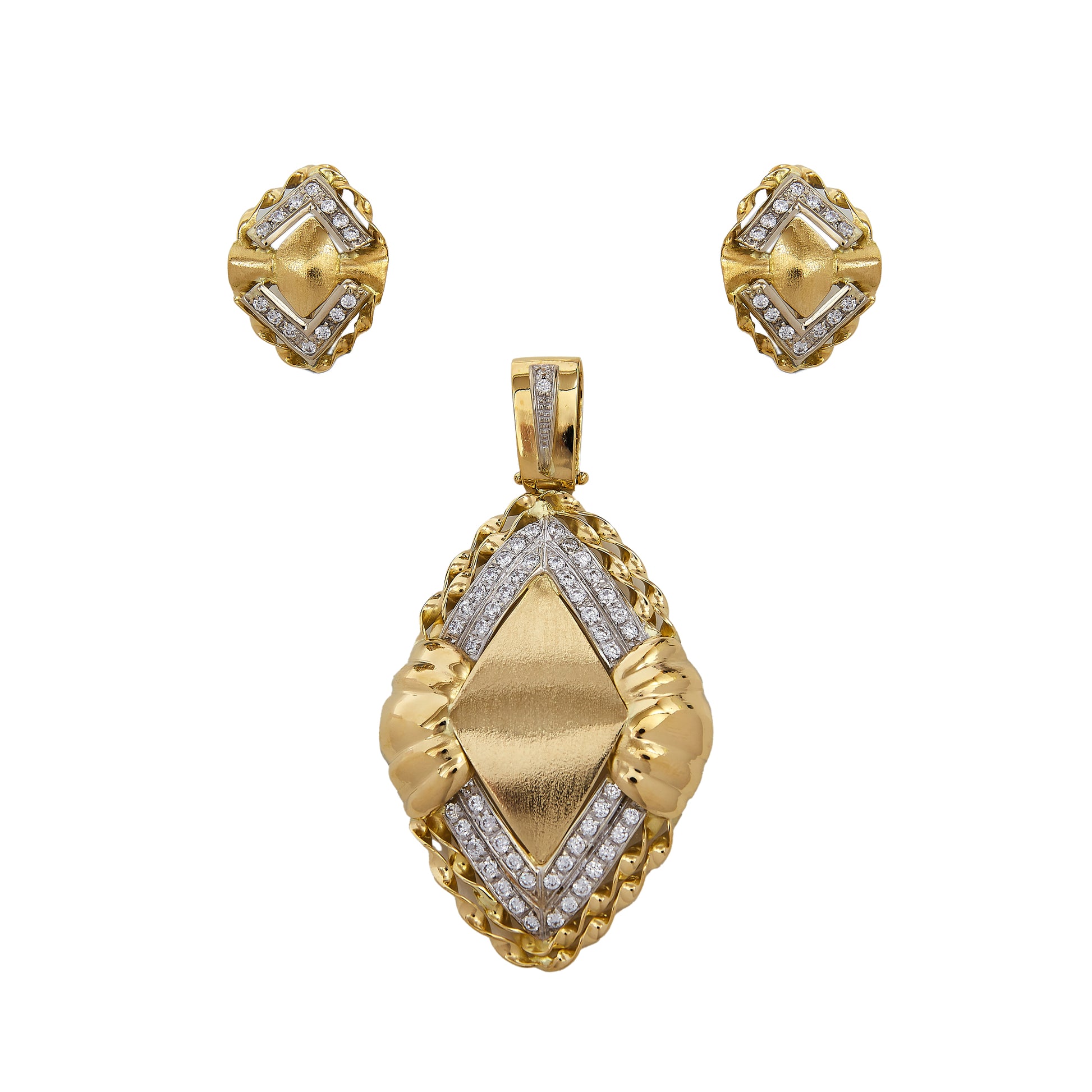 Pre-Owned 14ct Gold Two-Tone Rhombus Pendant & Earrings Set