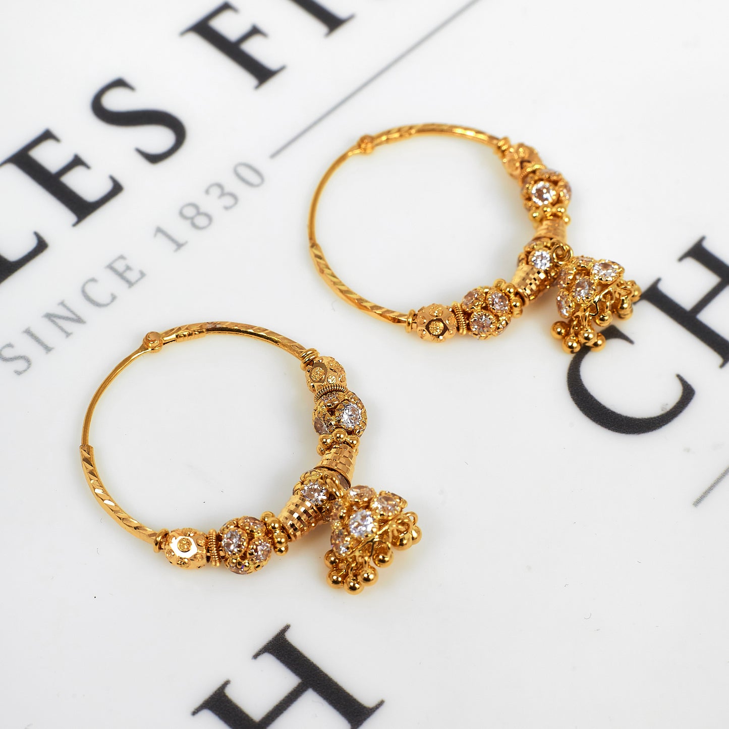 Pre-Owned 22ct Gold CZ Set Bead Tassel Hoop Earrings