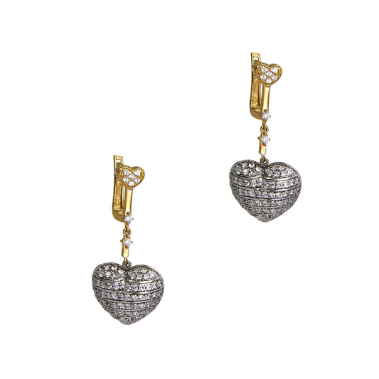 Pre-Owned 14ct Gold CZ Two Tone Heart Drop Earrings 