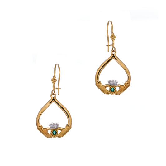 Pre-Owned 14ct Gold Diamond & Emerald Claddagh Earrings