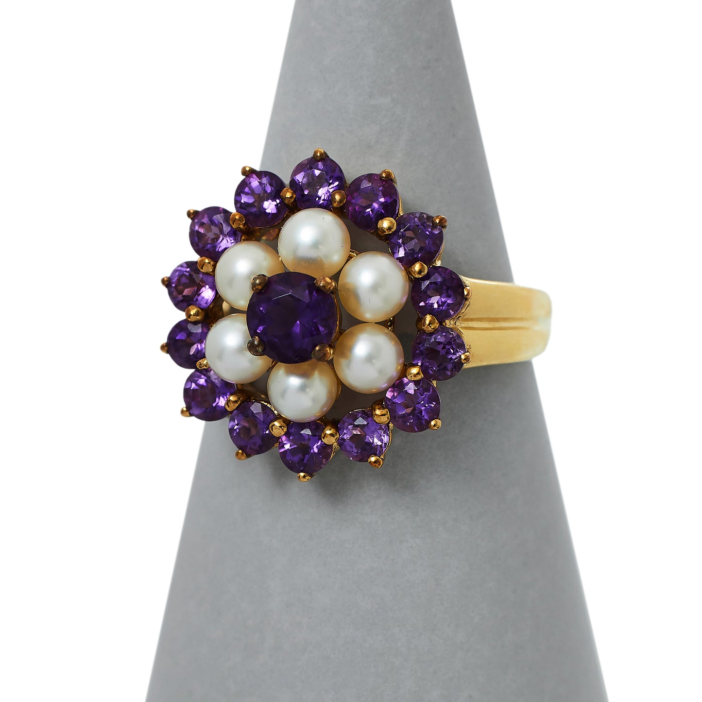 Pre-Owned 9ct Gold Pearl & Amethyst Flower Ring