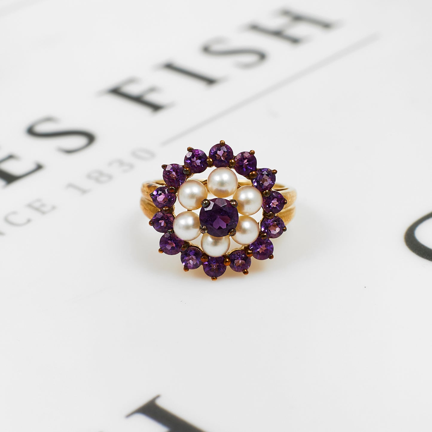 Pre-Owned 9ct Gold Pearl & Amethyst Flower Ring