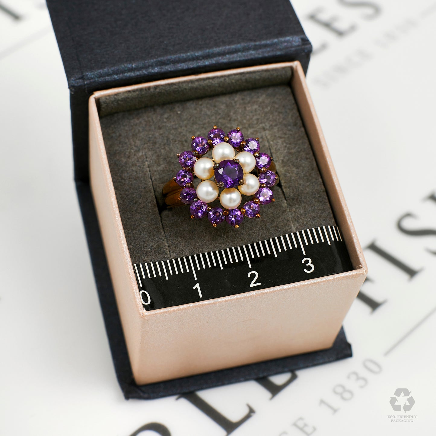 Pre-Owned 9ct Gold Pearl & Amethyst Flower Ring