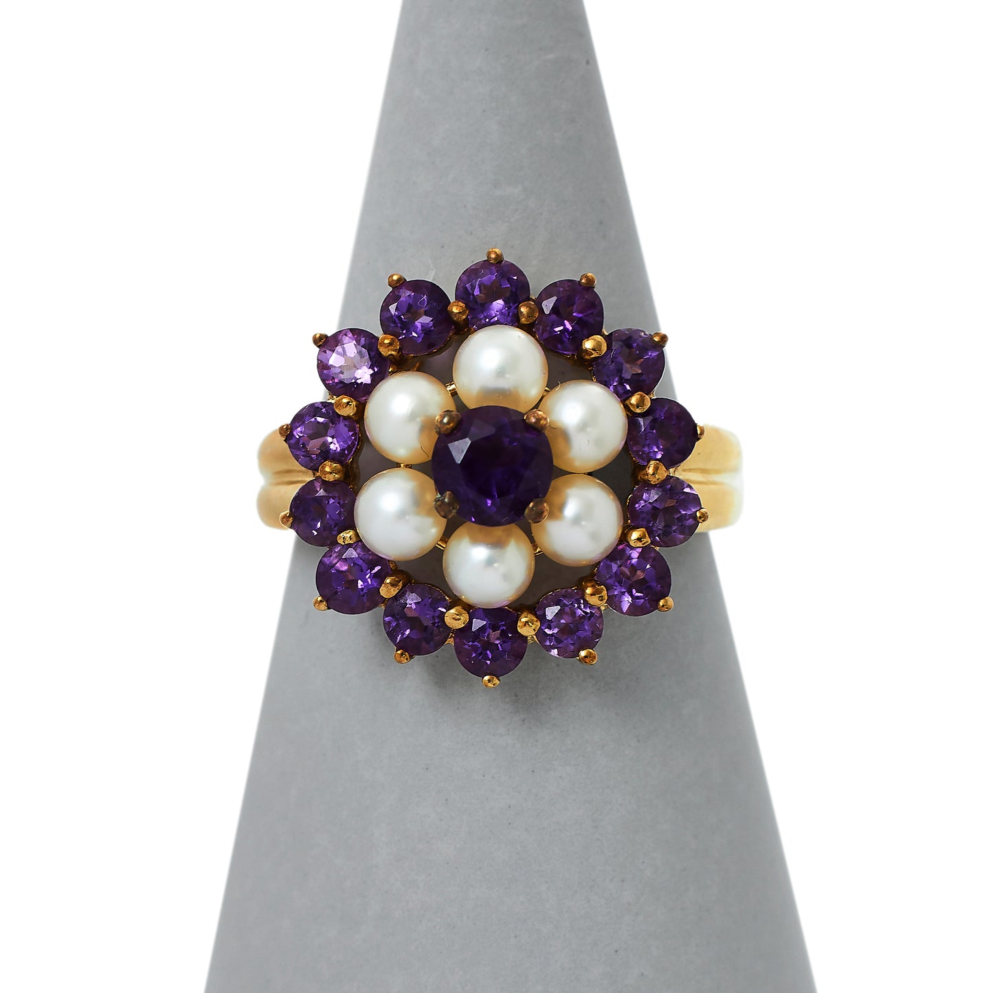 Pre-Owned 9ct Gold Pearl & Amethyst Flower Ring