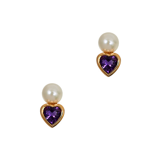 Pre-Owned 9ct Gold Amethyst & Pearl Heart Stud Earrings 