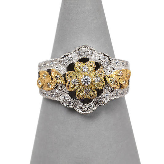 Pre-Owned 14ct Two Tone Gold CZ Set Flower Ring