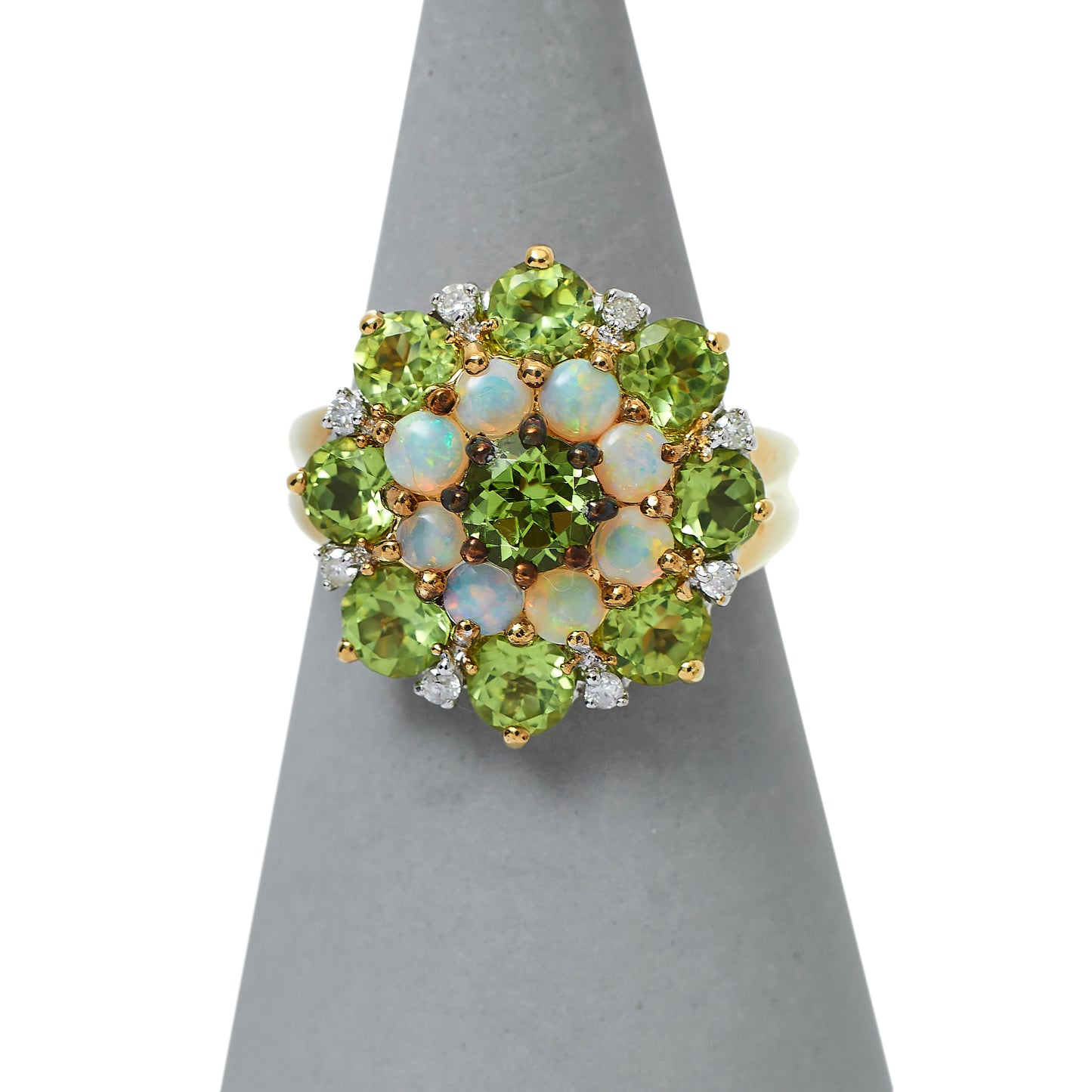 Pre-Owned 9ct Gold Peridot Opal Diamond Cluster Ring