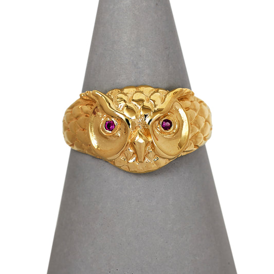 Pre-Owned 9ct Gold Owl Head Ring & Ruby Eyes
