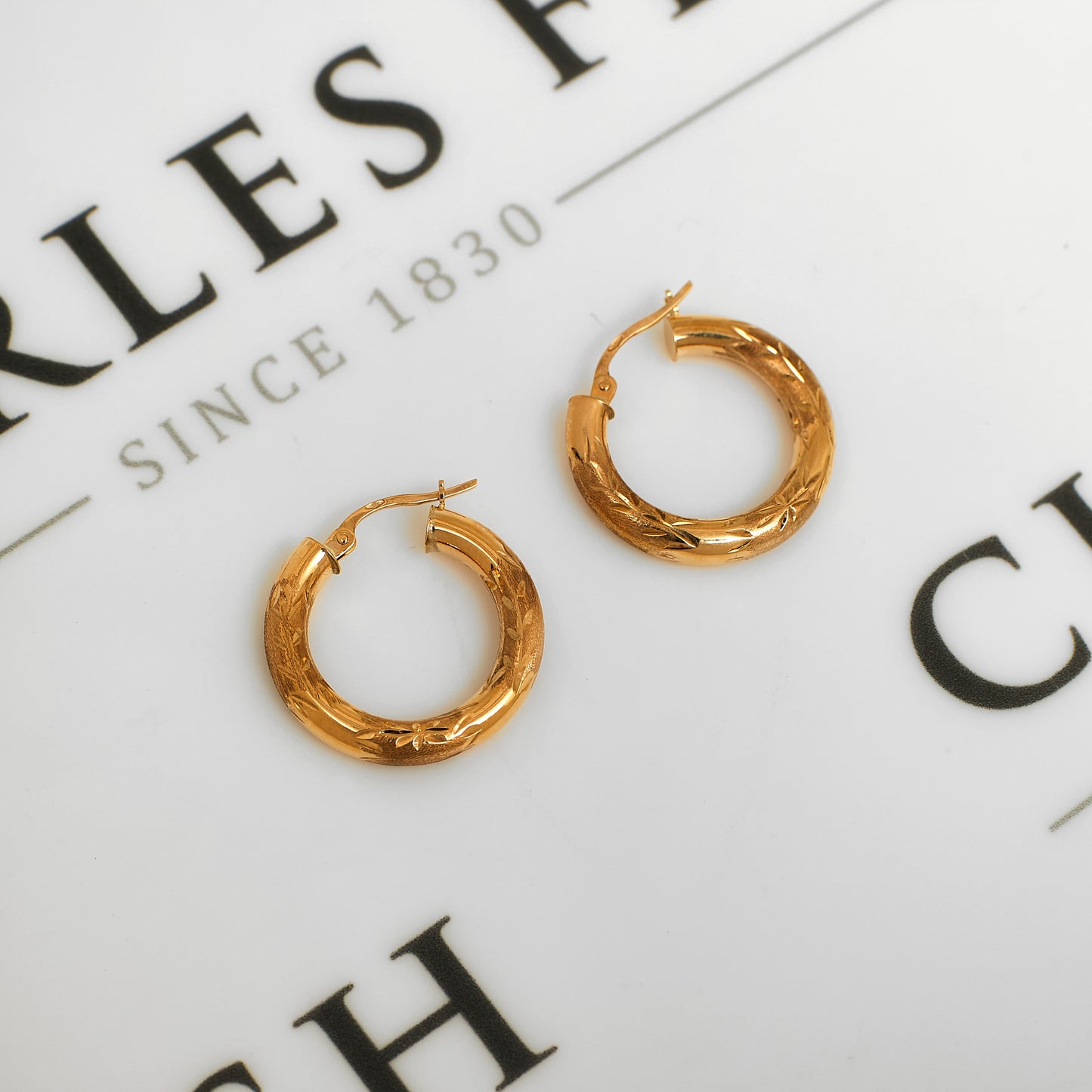 Pre-Owned 9ct Gold Leaf Pattern Creole Earrings