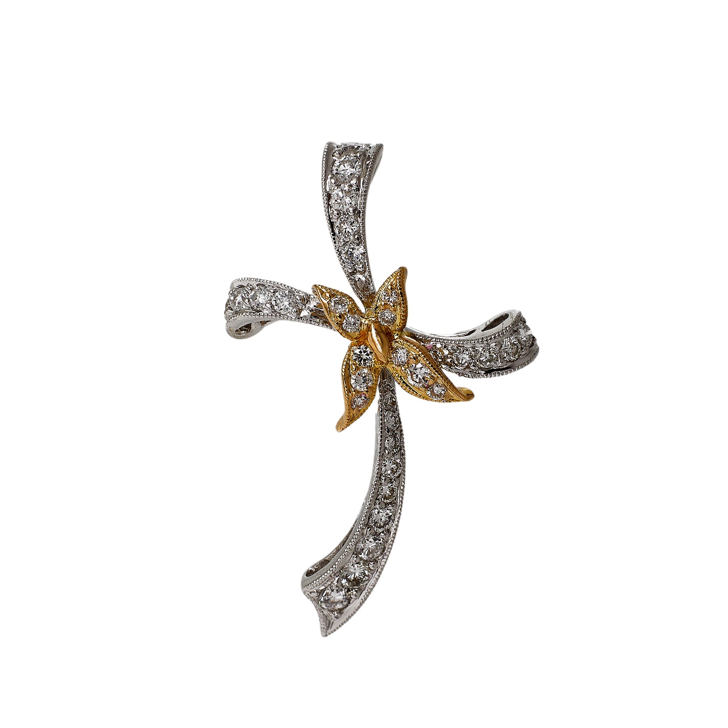 Pre-Owned 18ct Two Tone Gold Floral Diamond Cross Pendant