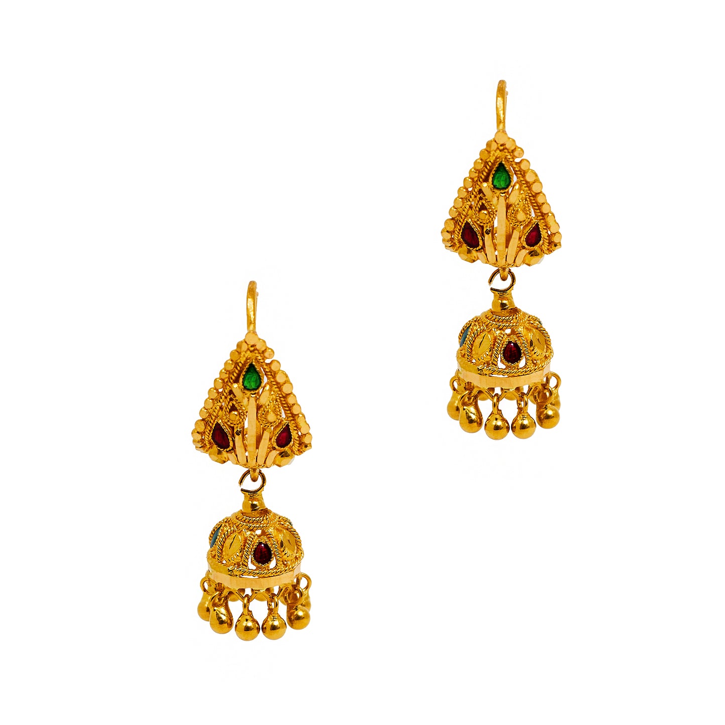 Pre-Owned 22ct Gold Red & Green Enamel Jhumka Earrings