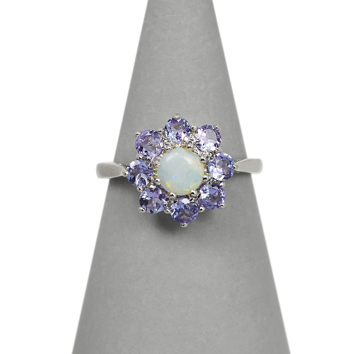 Pre-Owned 9ct White Gold Opal & Tanzanite Cluster Ring