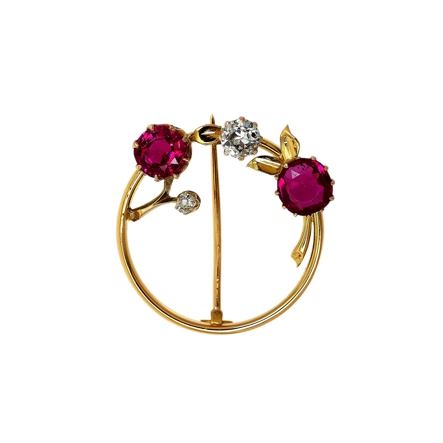 Pre-Owned 9ct Gold Ruby & Diamond Openwork Circle Brooch 