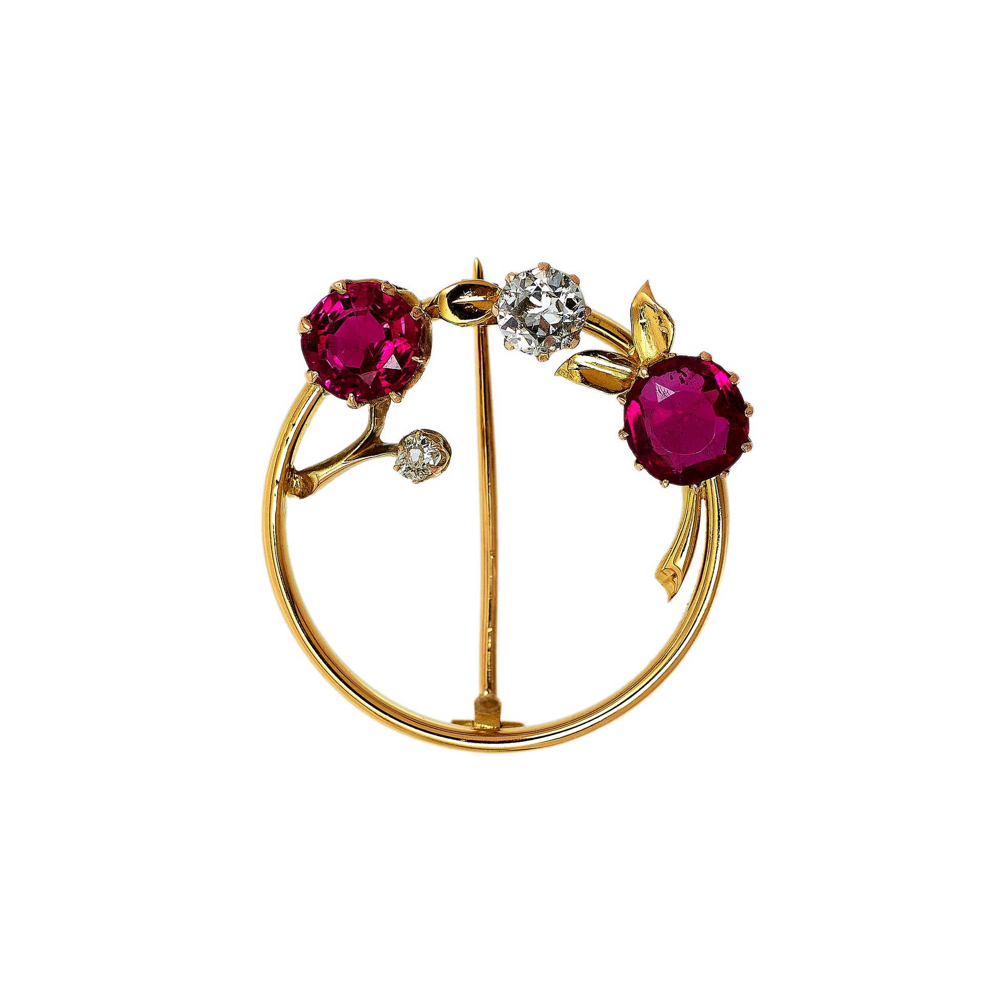 Pre-Owned 9ct Gold Ruby & Diamond Openwork Circle Brooch 