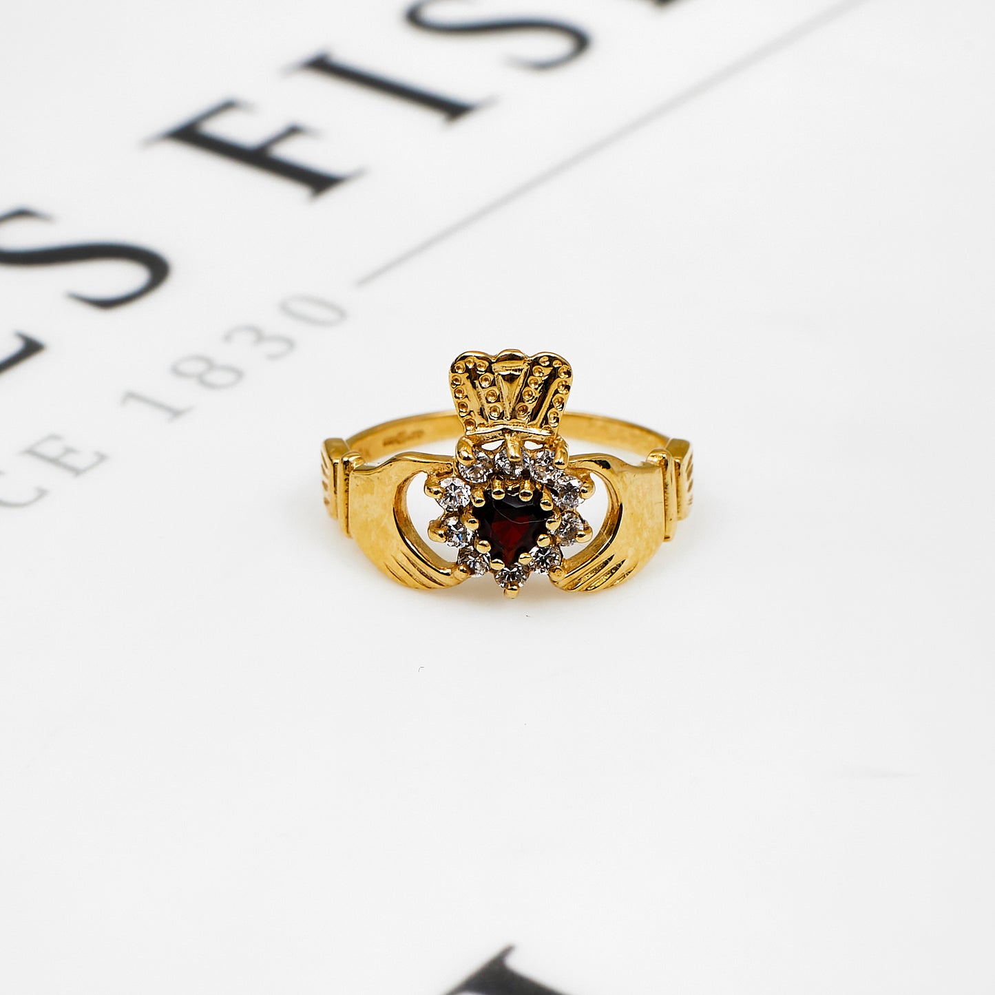 Pre-Owned 9ct Gold Garnet & CZ Cluster Claddagh Ring