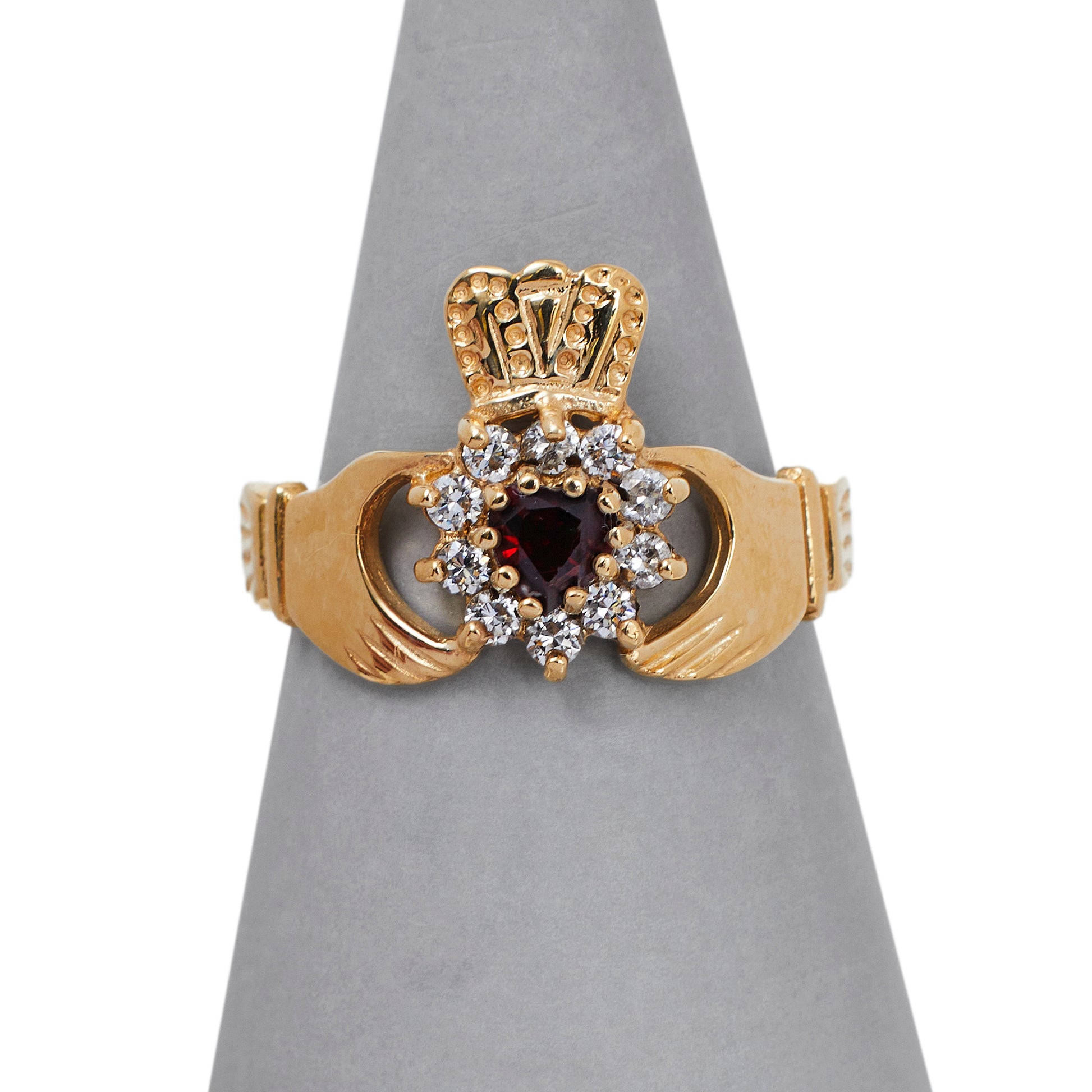 Pre-Owned 9ct Gold Garnet & CZ Cluster Claddagh Ring