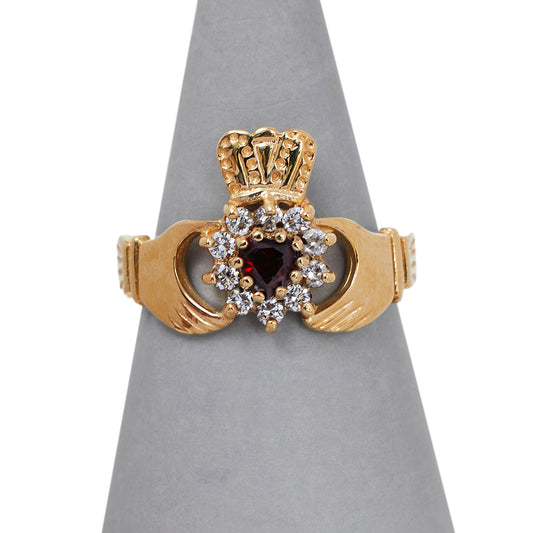 Pre-Owned 9ct Gold Garnet & CZ Cluster Claddagh Ring