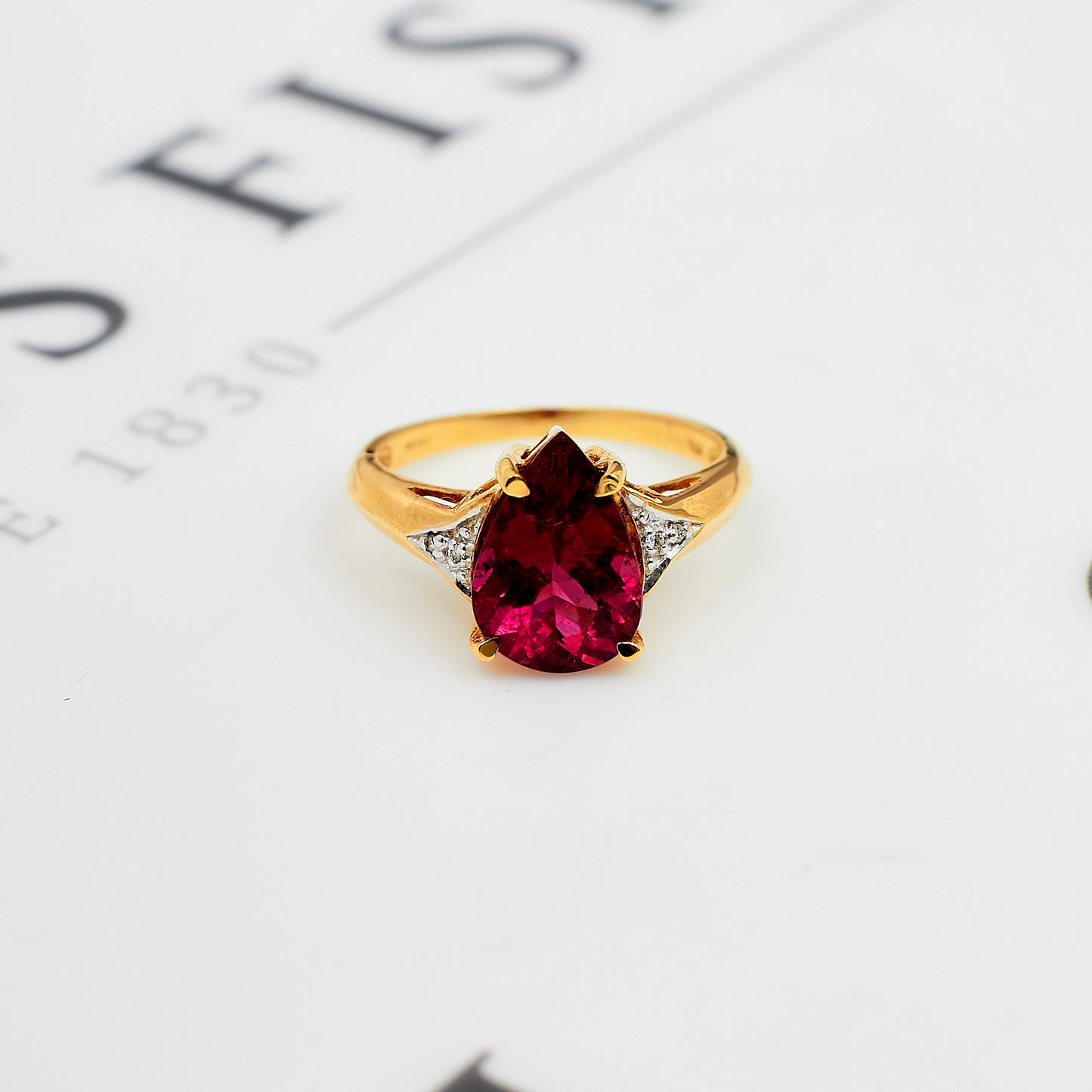 Pre-Owned 18ct Gold Pear Cut Rubellite & Diamond Ring Size L.5