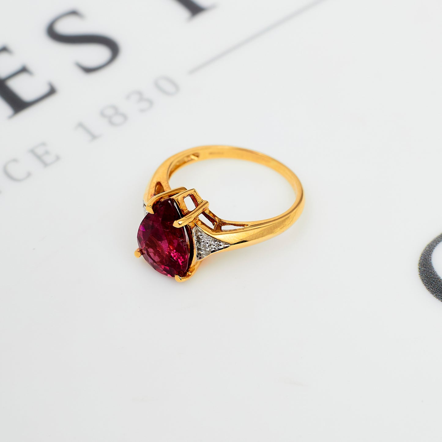 Pre-Owned 18ct Gold Pear Cut Rubellite & Diamond Ring Size L.5