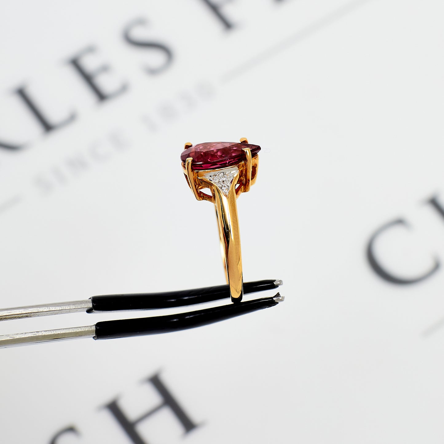 Pre-Owned 18ct Gold Pear Cut Rubellite & Diamond Ring Size L.5